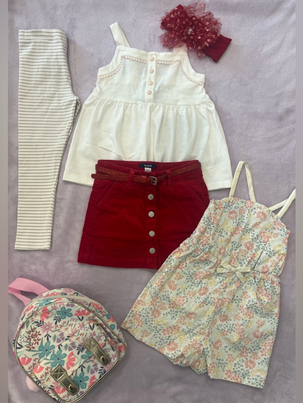 3 Outfit Bundle 3T Okaidi Skirt + Floral Romper + Claire’s Backpack NWT